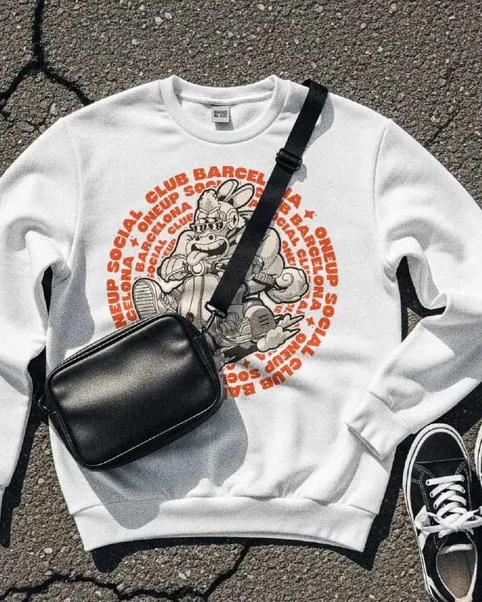 1UP Barcelona cannabis social club branded sweater with signature mascot print